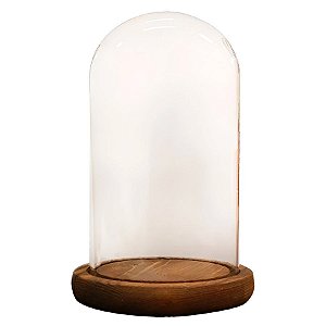 Cúpula Redoma de Vidro Decorativa 12x20cm - Base Madeira Escura - 1 unidade - Rizzo