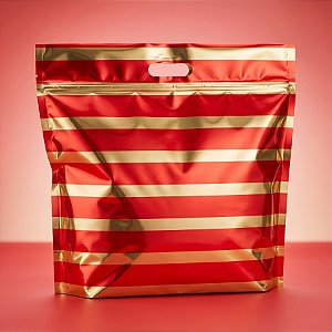 Sacola Metalizada com Zip - 46x43x5cm - Listrado Vermelho/Dourado - 1 unidade - Cromus - Rizzo
