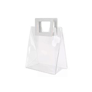 Sacola Transparente PVC com Alça Quadrada de Couro Branca - 15x15x10 - 1 unidade - Rizzo