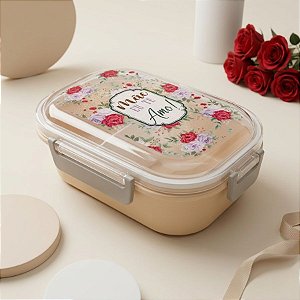 Marmita Amarelo com Garfo e Colher e Divisória de 3 Partes - Mãe Eu te Amo - 15,8x22cm - 1 unidade - Rizzo