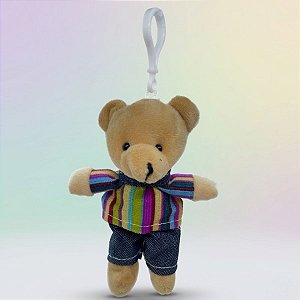 Chaveiro Urso de Pelúcia - Roupa Listrada Colorida - 14cm - 1 unidade - Rizzo