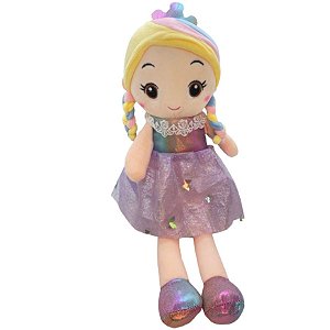 Boneca de Pelúcia com Vestido de Borboletas - Roxo - 52cm - 1 unidade - Rizzo