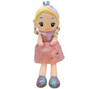 Boneca de Pelúcia com Vestido de Borboletas - Rosa - 52cm - 1 unidade - Rizzo