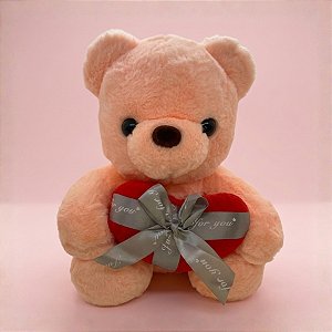 Urso de Pelúcia com Coração Vermelho - Rosa - 28cm - 1 unidade - Rizzo