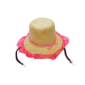 Chapéu de Palha de Renda com Trança - Pink com Trança Marrom - 1 unidade - Rizzo
