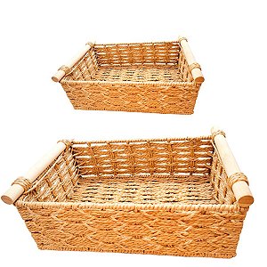 Kit Cesta Decorativa Veredas de Fibra Natural com Alça de Madeira - 2 unidades - Rizzo