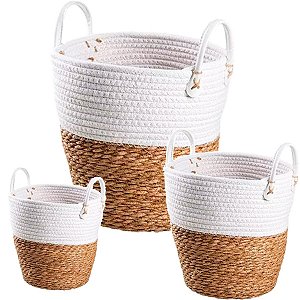 Kit Cesto Decorativo Philippe de Seagress e Algodão com Alças - 3 unidades - Rizzo