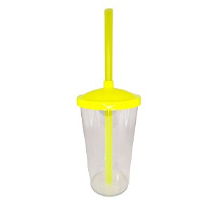 Copo de Plástico com Tampa e Canudo 300ml - Amarelo Neon - 1 unidade - Rizzo