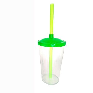 Copo de Plástico com Tampa e Canudo 300ml - Verde Neon - 1 unidade - Rizzo