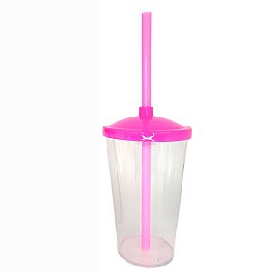 Copo de Acrílico Durável com Tampa e Canudo 300ml - Pink - 1 unidade - Rizzo