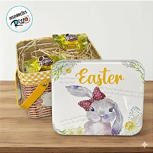 Lata de Metal Retangular com Alça Dupla de Páscoa - Coelha - 15,3x12,7x10,6cm - 1 unidade - Rizzo