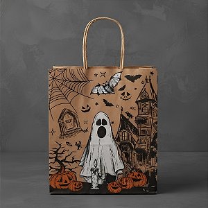 Sacola para Lembracinha Halloween - Fantasma Kraft - 17,5x8,5x21,5cm - 10 unidades - WMA - Rizzo
