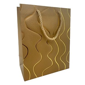 Sacola de Papel para Presente Ondas Almofadadas - Dourada - 32x26x12cm - 1 unidade - Rizzo