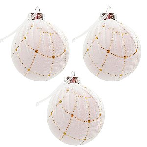 Bola de Natal Tecido - Branco com Dourado - 10cm - 3 unidades - Rizzo