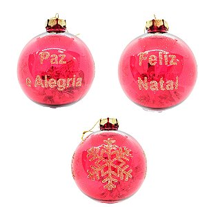 Bola de Natal Glitter - Vermelha - Frases - 10cm - 3 unidades - Rizzo