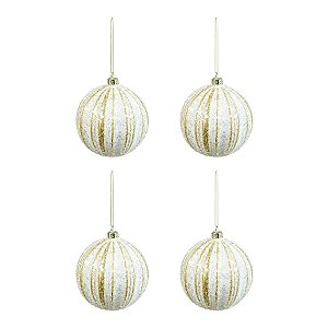 Bola de Natal Paete com Listras - Branco/Ouro Glitter - 10cm  - 4 unidades - Cromus - Rizzo