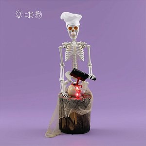 Enfeite Decorativo Halloween - Esqueleto Chefe de Cozinha - 33cm - Som, Luz e Movimento - 1 unidade - Cromus - Rizzo