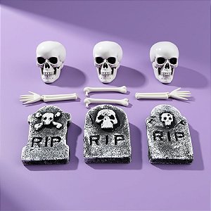 Enfeite Decorativo Halloween - Lápide com Esqueletos - 12cm - 10 unidades - Cromus - Rizzo
