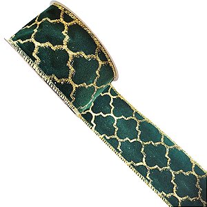 Fita Decorativa - Verde com Arabescos Dourados - 6,3x914cm - 1 unidade - Rizzo