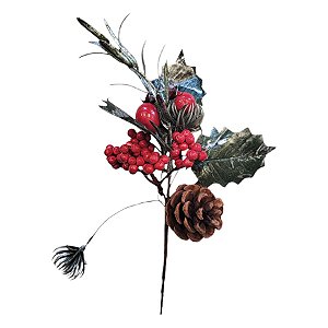 Pick Decorativo - Pinha e Frutinhas Vermelhas - 23cm - 1 unidade - Rizzo
