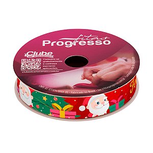 Fita de Cetim 10m x 15mm - Cor 078 - Frase Feliz Natal com Papai Noel - Rolo 10 metros - 1 unidade - Progresso - Rizzo