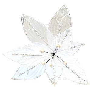 Poinsétia Decorativa - Tule Branco Glitter - 30cm - 1 unidade - Rizzo