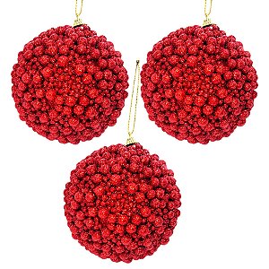 Bola de Natal Decorada - Glitter Vermelho - 10cm - 3 unidades - Rizzo