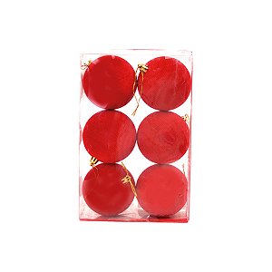 Bola de Natal de Veludo com Listras - Vermelho - 8cm  - 6 unidades - Cromus - Rizzo