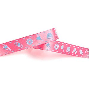 Fita de Cetim 22mm - 10m Cor 192 - Rosa com Doces Azul - 1 unidade - Progresso - Rizzo