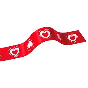 Fita de Cetim 22mm - 10m Cor 100 - Vermelho Corações Rosa - 1 unidade - Progresso - Rizzo