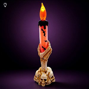 Enfeite Decorativo de Halloween Com Luz - Castiçal Esqueleto Laranja - 20,5x6x6cm - 1 unidade - Rizzo - Rizzo