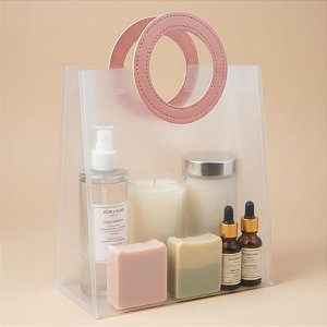 Sacola Transparente Fosca PVC com Alça Redonda de Couro Rosa - 27x23x11cm - 10 unidades - Rizzo