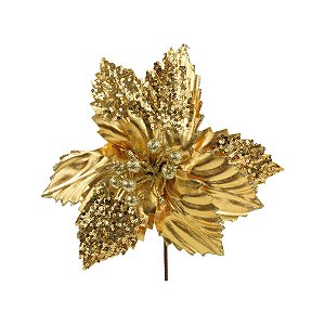 Poinsétia Decorativa - Mostarda com Glitter Dourado - 25cm - 1 unidade - Cromus - Rizzo