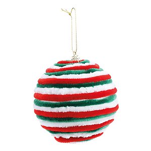 Bola de Natal - Chenile Listrada Verde, Branca e Vermelha - 8cm - 6 unidades - Cromus - Rizzo