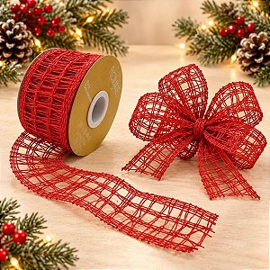 Fita Decorativa de Natal - Tela Vermelha - 6,3cmx9,14m - 1 unidade - Rizzo