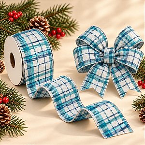 Fita Decorativa Aramada Xadrez Azulado - 6,3cm x 9,14m - 1 unidade - Cromus - Rizzo