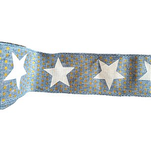 Fita Decorativa Aramada Jeans com Estrela Branca - 6,3cm x 91,4m - 1 unidade - Rizzo