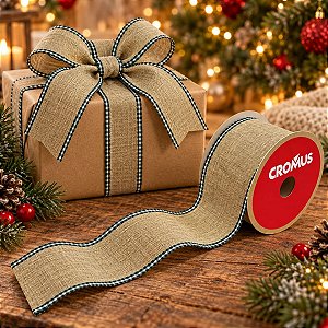 Fita Decorativa Aramada - Bege Escuro com Bordas Xadrez - 6,3cm x 9,14m - 1 unidade - Cromus - Rizzo
