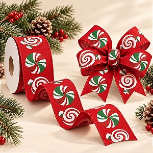 Fita Decorativa Aramada - Doces de Natal Branco, Verde e Vermelho - 6,3x914cm - 1 unidade - Cromus - Rizzo