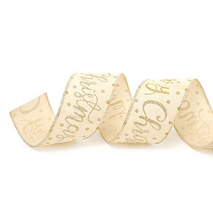 Fita Decorativa Aramada - Merry Christmas Algodão Cru e Ouro - 6,3x914cm   - 1 unidade - Cromus - Rizzo