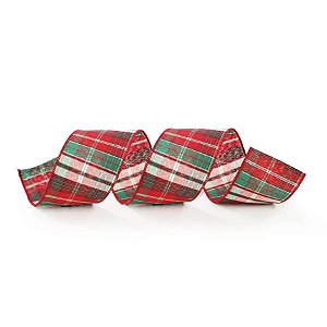 Fita Decorativa Aramada - Xadrez Vermelho, Branco e Verde - 6,3x914cm   - 1 unidade - Cromus - Rizzo