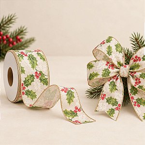 Fita Decorativa Aramada - Folha com Futras Vermelhas - 6,3x914cm - 1 unidade - Cromus - Rizzo