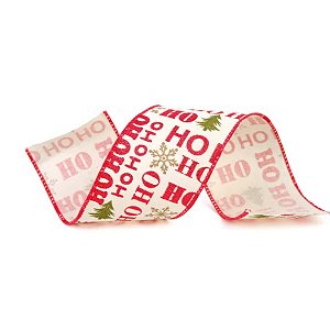 Fita Decorativa Aramada - Ho Ho Ho Vermelho e Árvore Verde - 6,3x914cm   - 1 unidade - Cromus - Rizzo