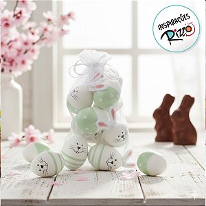Saco de Ovinhos de Páscoa Decorativos para Pendurar - Branco e Verde - 6x3,5cm - 9 unidades - Cromus - Rizzo