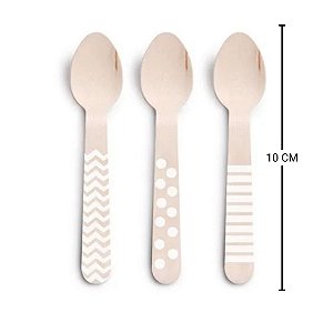 Colher de Madeira Decorada Branco - 11cm - 08 unidades - Cromus - Rizzo Festas