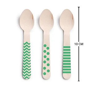 Colher de Madeira Decorada Verde - 11cm - 08 unidades - Cromus - Rizzo Festas