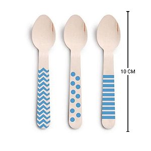 Colher de Madeira Decorada Azul - 11cm - 08 unidades - Cromus - Rizzo Festas