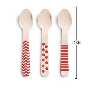 Colher de Madeira Decorada Vermelho - 11cm - 08 unidades - Cromus - Rizzo Festas