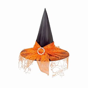 Chapéu de Bruxa Preto com Véu Laranja - 1 unidade - Rizzo