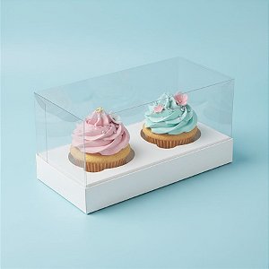 Caixa Cupcake com Tampa Transparente 2 Cavidades (17cm x 9cm x 8,5cm) Branca - 10 unidades - Assk - Rizzo